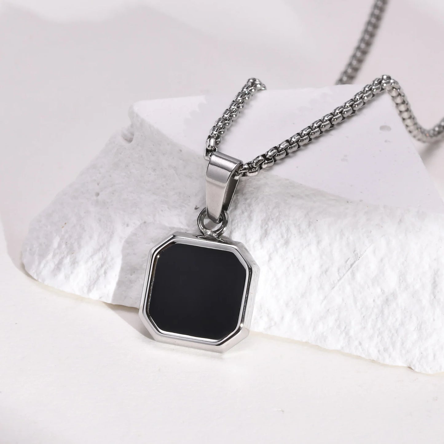 Grid Mark: Geometric Enamel Square Pendant Necklace for Men