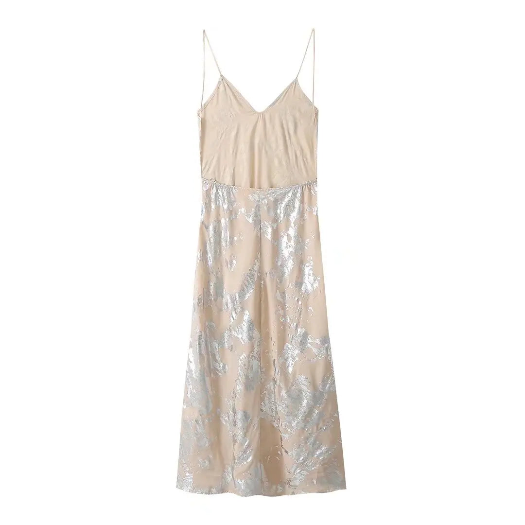 Women's Metallic Sequin Dress – Elegant A-Line Partywear with Spaghetti Straps