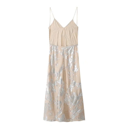 Women's Metallic Sequin Dress – Elegant A-Line Partywear with Spaghetti Straps