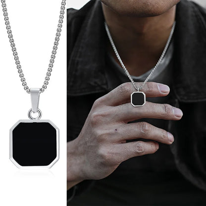 Grid Mark: Geometric Enamel Square Pendant Necklace for Men