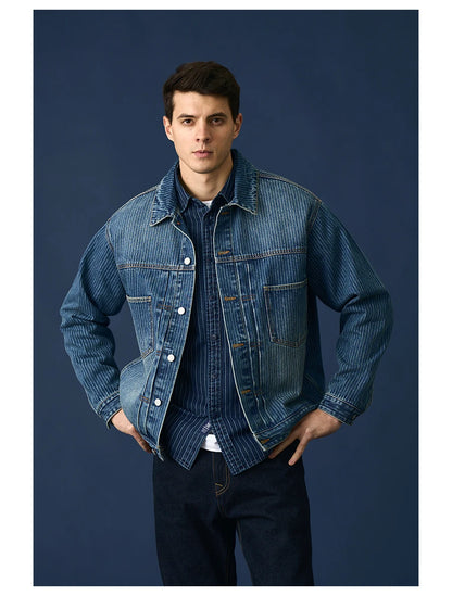 Men's Striped Denim Chore Jacket – Short Length, Oversized Utility