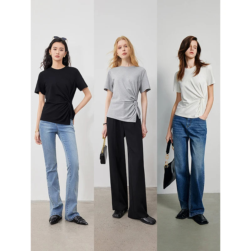 TOYOUTH Women Crop Tops 2024 Spring New Pleated Tie Irregular Solid Color Short Sleeve Women's Basic Tops