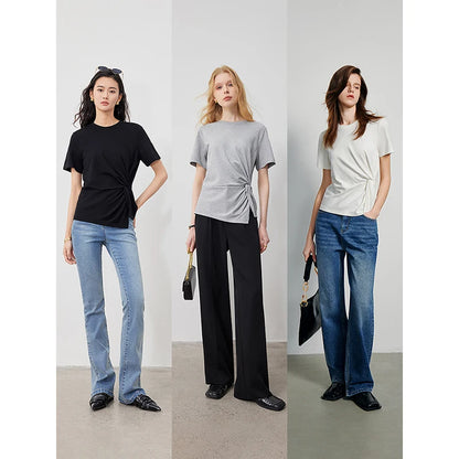 TOYOUTH Women Crop Tops 2024 Spring New Pleated Tie Irregular Solid Color Short Sleeve Women's Basic Tops