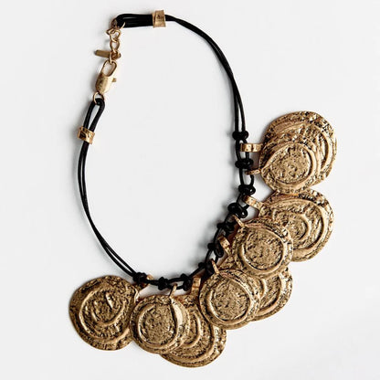 Vintage Double Leather Cord Medallion Necklace – Engraved Round Metal Pendant