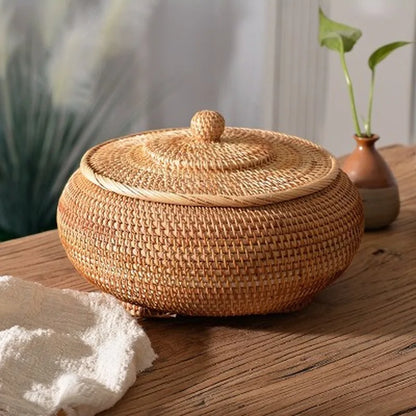 Hand-Woven Rattan Storage Basket with Lid