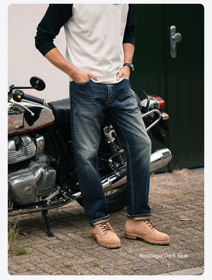 SIMWOOD 2025 Spring New loose Straight 13.5oz Fabric Washed Vintage Jeans Men Classical Plus Size Denim Trousers