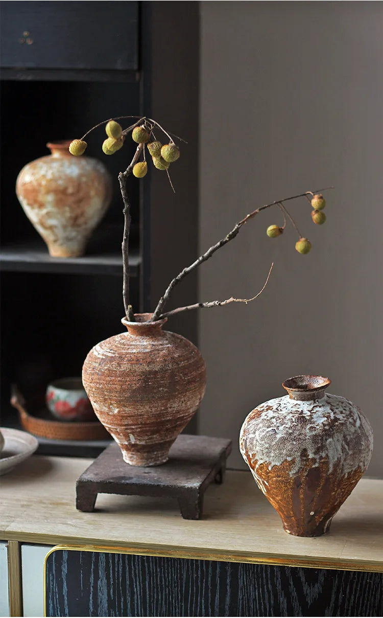 Jarrón de cerámica rugosa retro con diseño floral estilo wabi-sabi de Jingdezhen, con flores japonesas decorativas, adornos B&amp;B, macetas