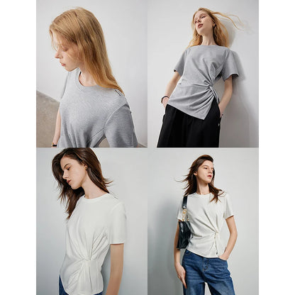 TOYOUTH Women Crop Tops 2024 Spring New Pleated Tie Irregular Solid Color Short Sleeve Women's Basic Tops