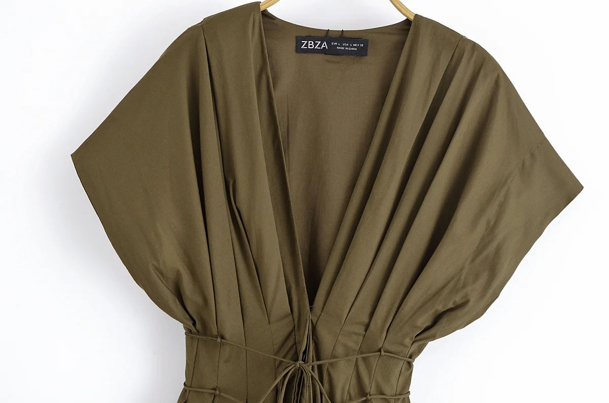 Women's V-Neck Lace-Up Midi Dress – Elegant, Backless & Summer-Ready