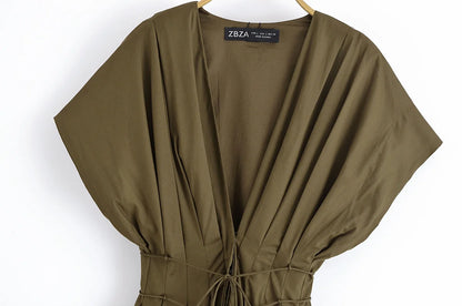 Women's V-Neck Lace-Up Midi Dress – Elegant, Backless & Summer-Ready