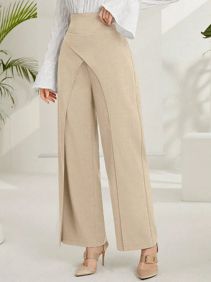 Women's High-Waisted Wide-Leg Trousers – Solid Overlay Front Office & Casual Ankle Pants