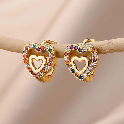 Golden Pulse: Hollow Zircon Heart Stud Earrings