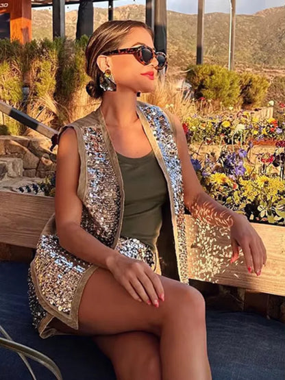 Women's Glitter Sequin Open Vest – Tailored Sparkle for Autumn Nights
