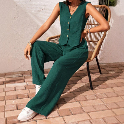 Women's Sleeveless V-Neck Daily Set – Casual Straight-Cut Co-ord for Spring/Summer