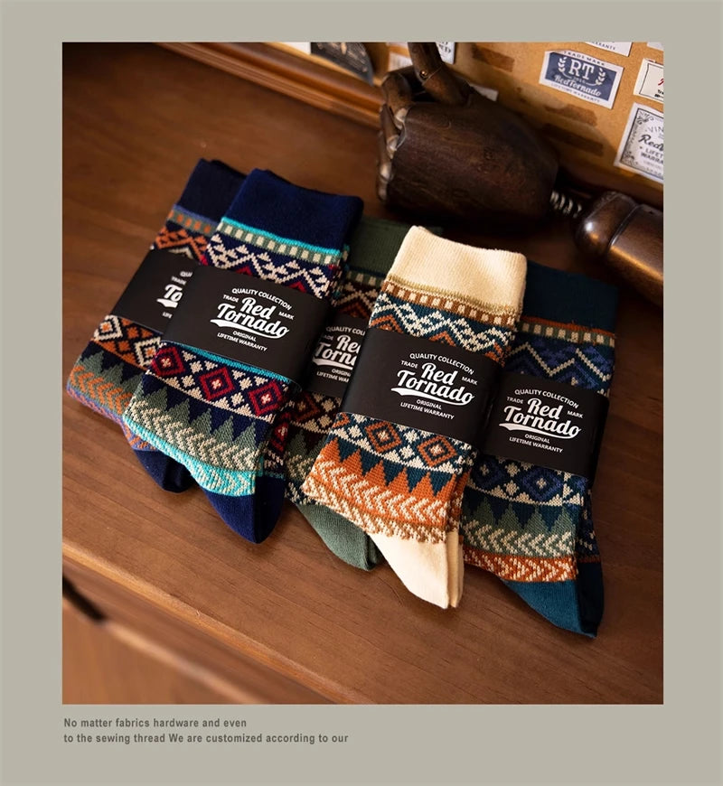 5 Pairs Red Tornado Retro Ethnic Style Pattern Jacquard Crew Socks For Boots