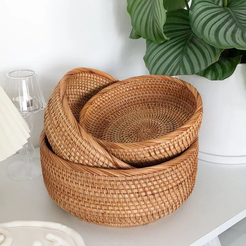 Round Handwoven Rattan Basket – Wicker Fruit, Bread & Storage Organizer