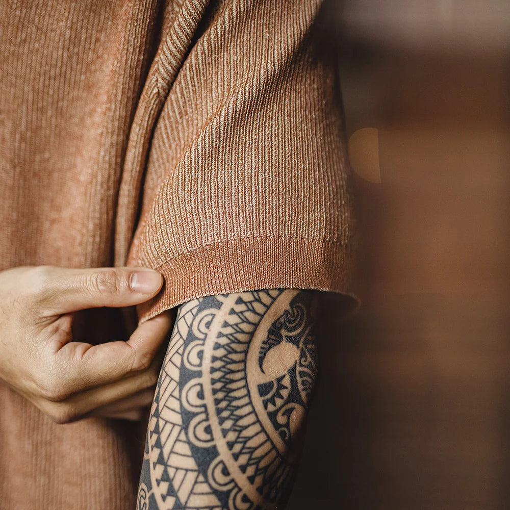 Maden New Vintage Orange Knitted Short Sleeve T-Shirt Men's Summer Loose Fit Ribbed Crew Neck Tee Breathable Casual Street Tops