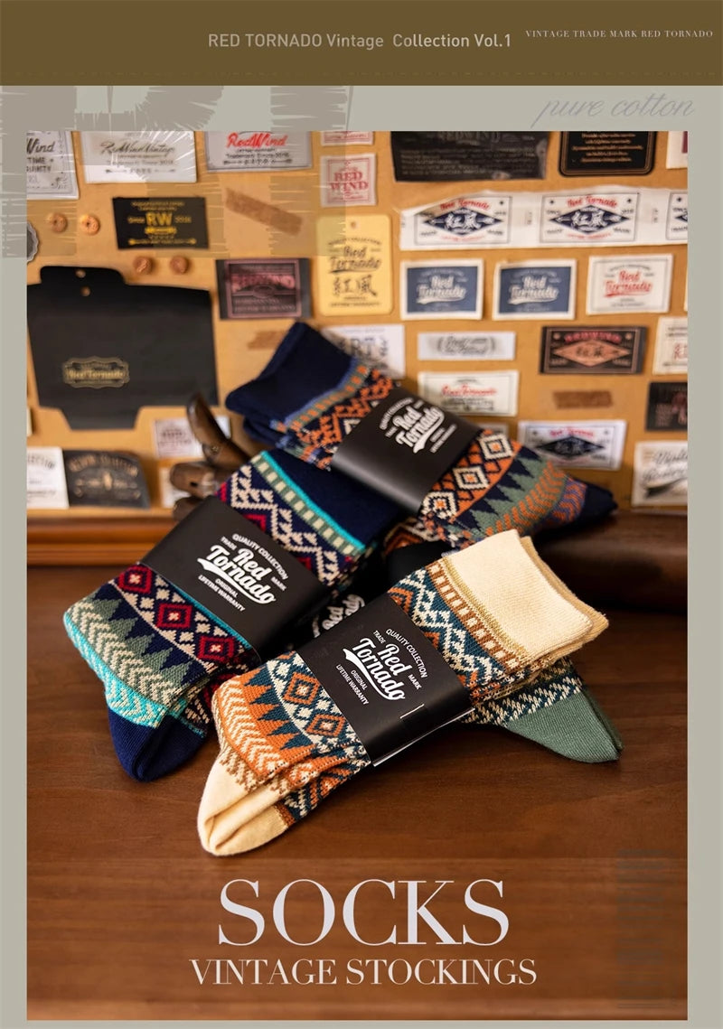 5 Pairs Red Tornado Retro Ethnic Style Pattern Jacquard Crew Socks For Boots