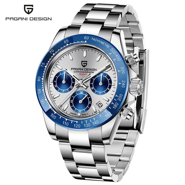 Sapphire Chrono: 40mm Stainless Steel Quartz Sports Watch