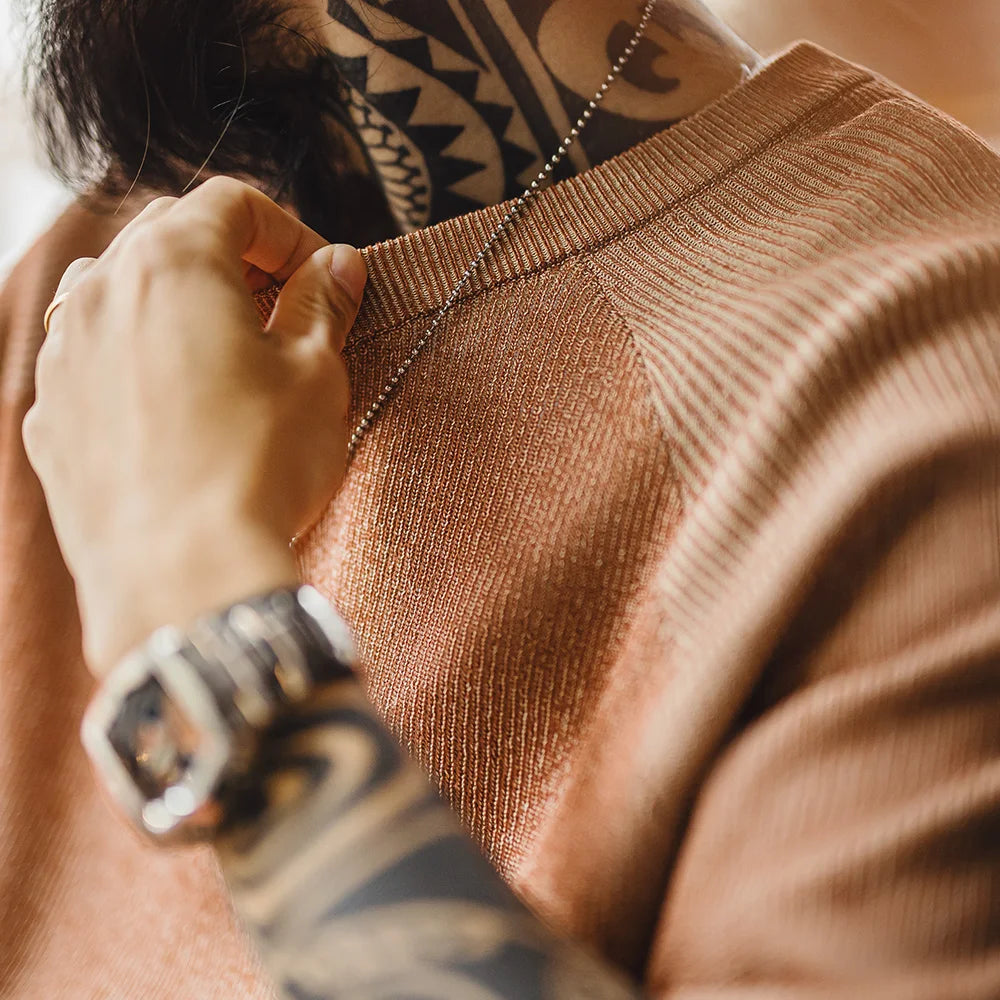 Maden New Vintage Orange Knitted Short Sleeve T-Shirt Men's Summer Loose Fit Ribbed Crew Neck Tee Breathable Casual Street Tops