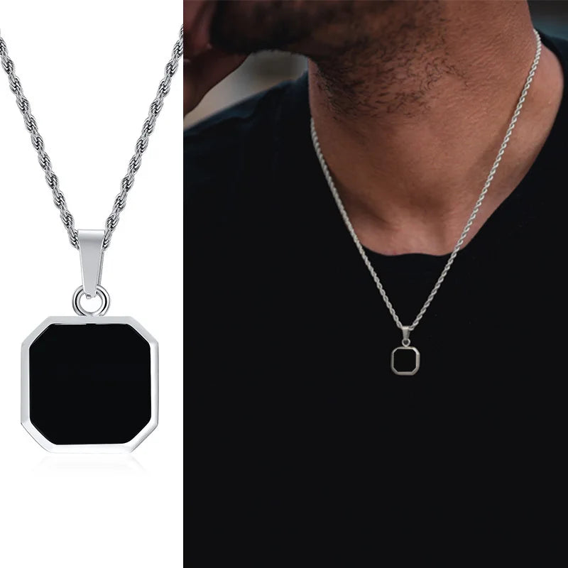 Grid Mark: Geometric Enamel Square Pendant Necklace for Men