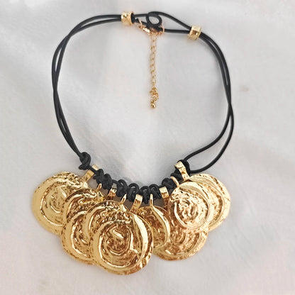 Vintage Double Leather Cord Medallion Necklace – Engraved Round Metal Pendant