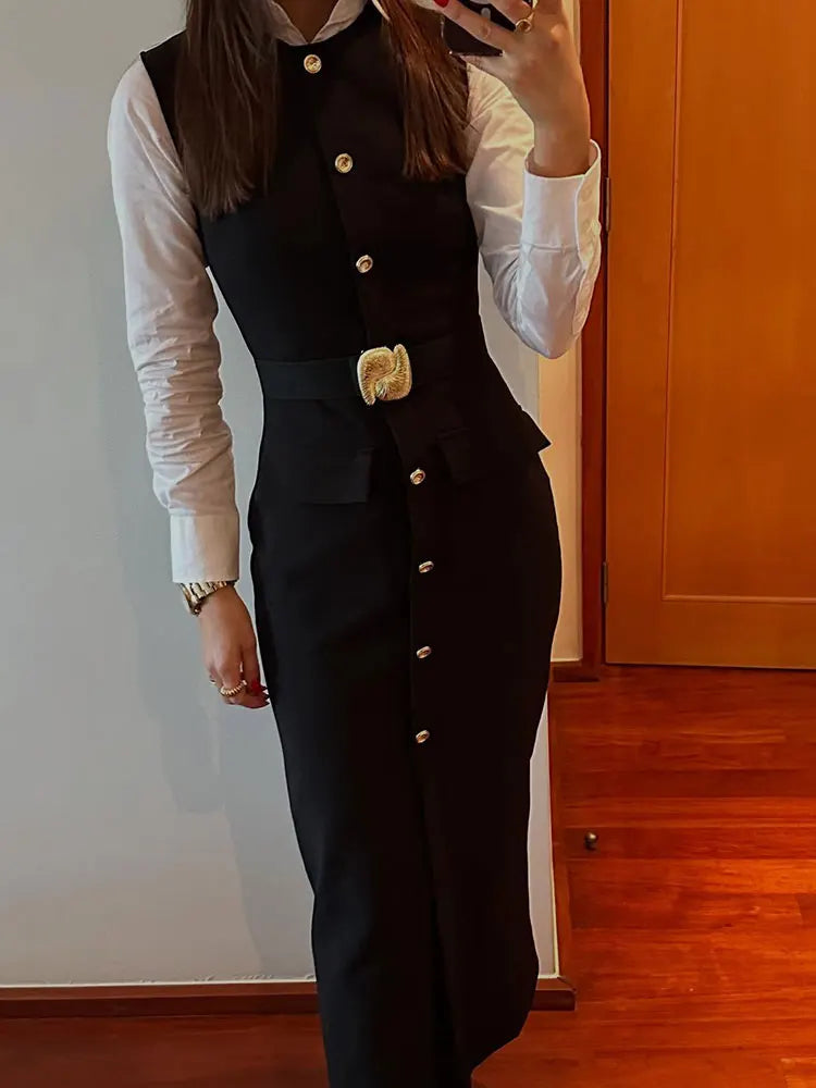 Women's Belted Black Sleeveless Dress – Office Chic Meets Summer Ease