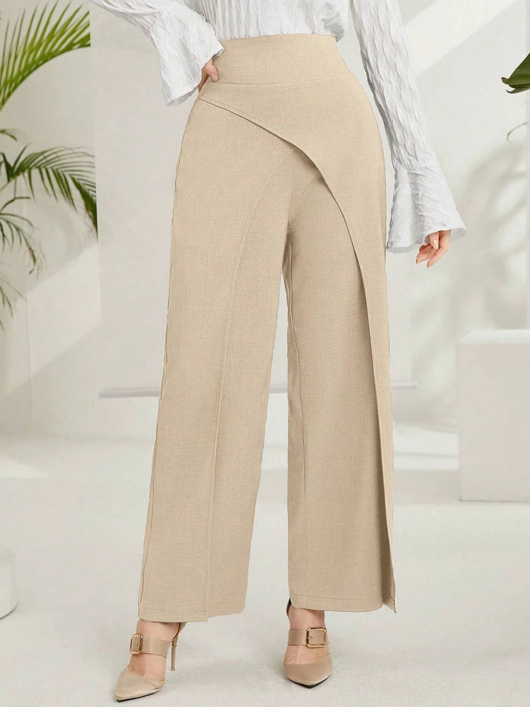 Women's High-Waisted Wide-Leg Trousers – Solid Overlay Front Office & Casual Ankle Pants
