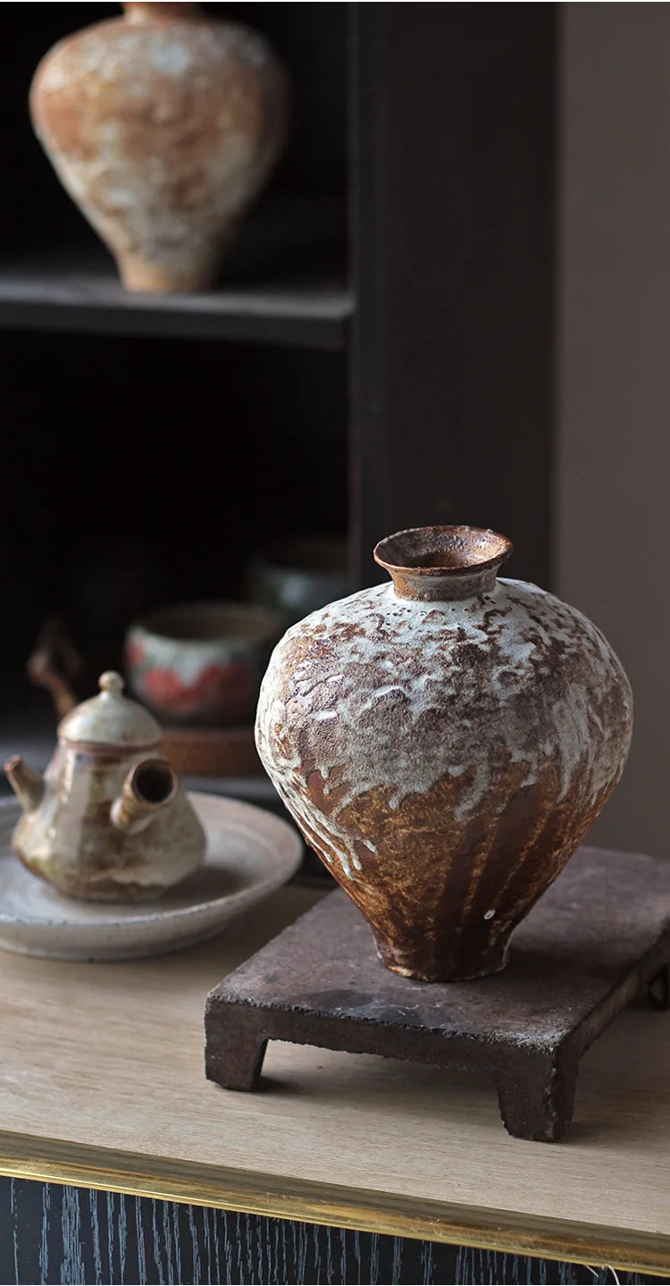 Jarrón de cerámica rugosa retro con diseño floral estilo wabi-sabi de Jingdezhen, con flores japonesas decorativas, adornos B&amp;B, macetas