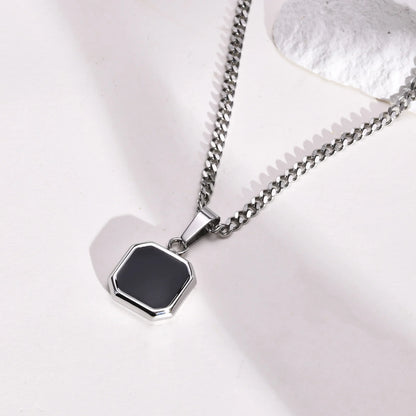 Grid Mark: Geometric Enamel Square Pendant Necklace for Men