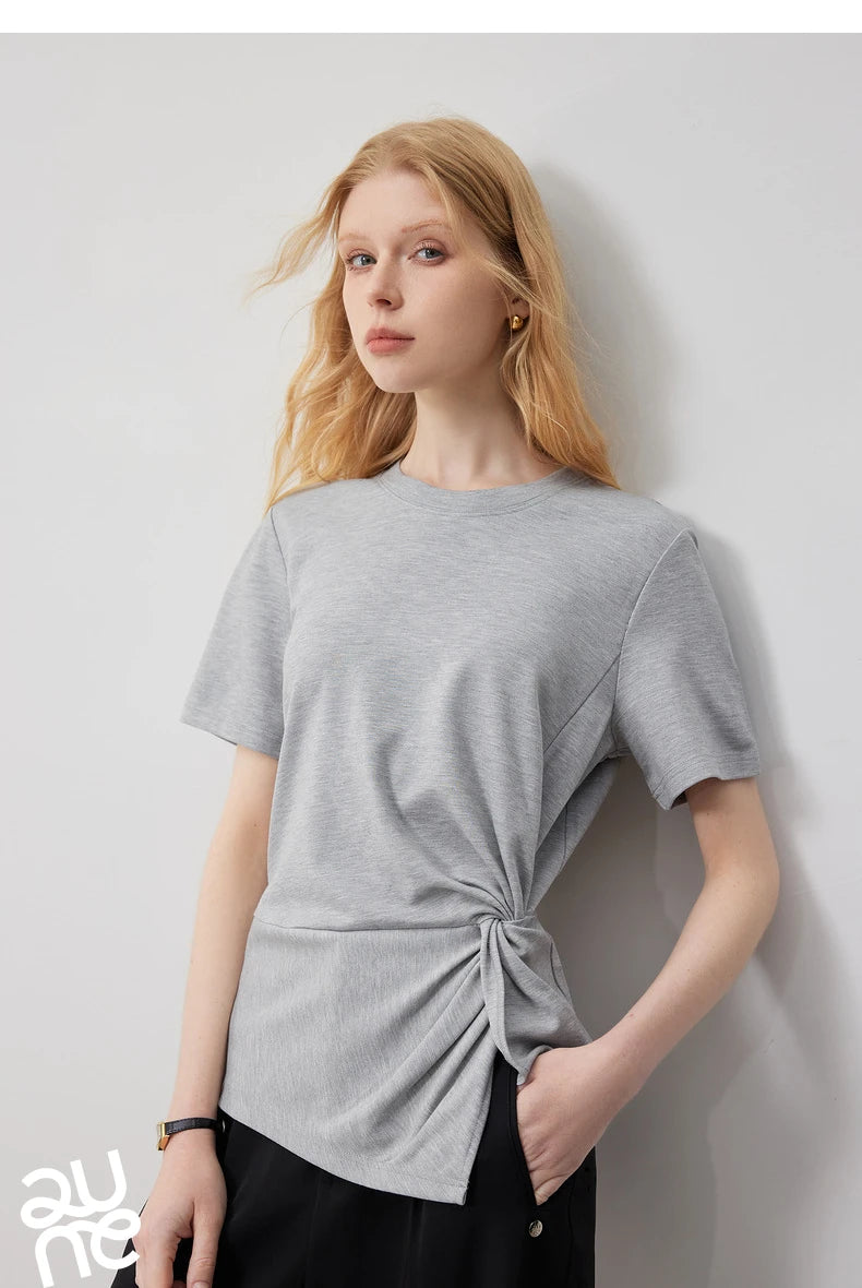 TOYOUTH Women Crop Tops 2024 Spring New Pleated Tie Irregular Solid Color Short Sleeve Women's Basic Tops