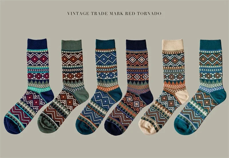 5 Pairs Red Tornado Retro Ethnic Style Pattern Jacquard Crew Socks For Boots