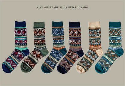 5 Pairs Red Tornado Retro Ethnic Style Pattern Jacquard Crew Socks For Boots