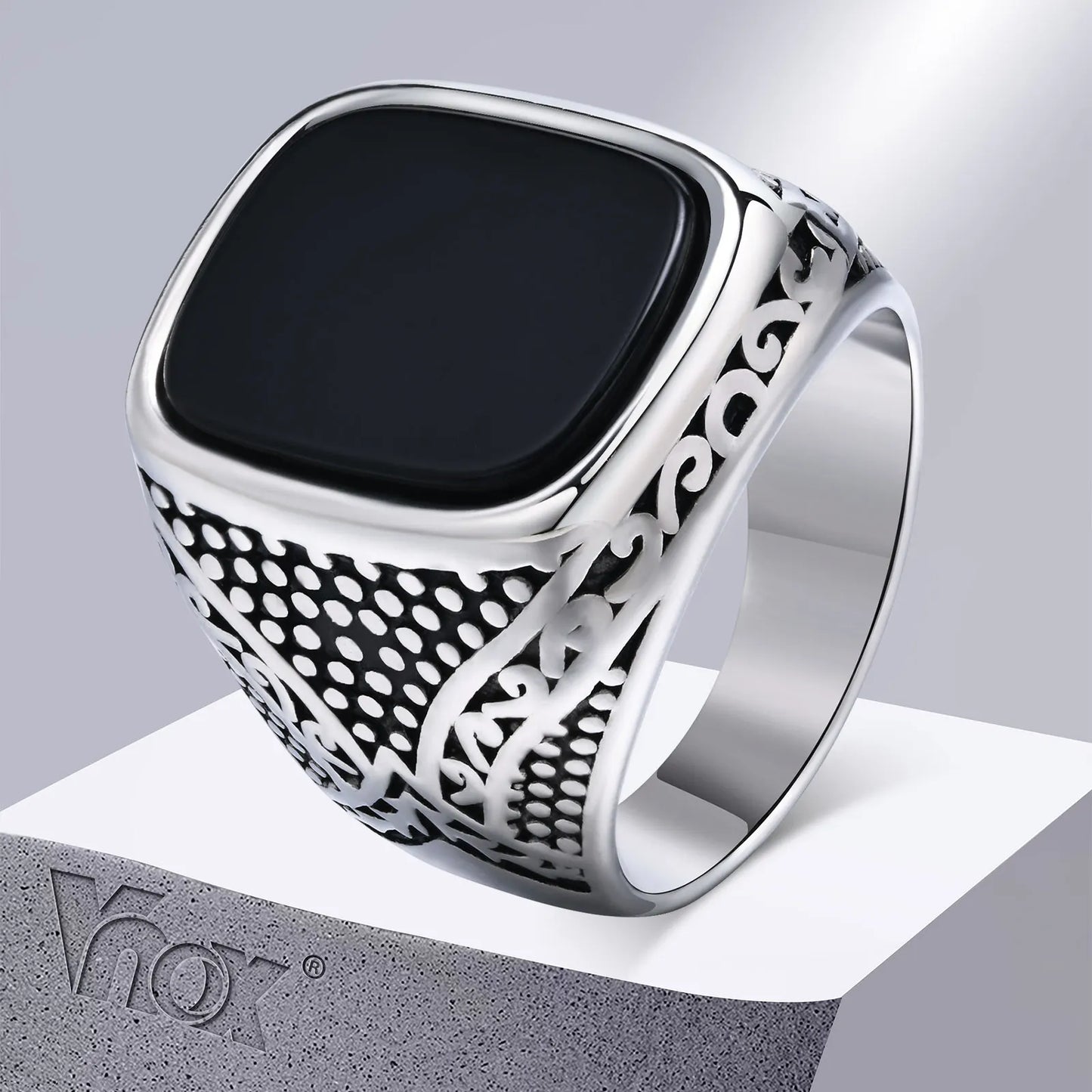 Vnox Rock Punk: Black Onyx Stainless Steel Signet Ring for Men – Bold & Timeless Statement