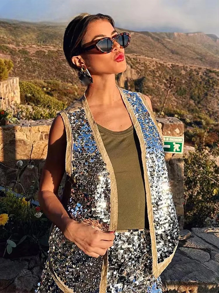 Women's Glitter Sequin Open Vest – Tailored Sparkle for Autumn Nights