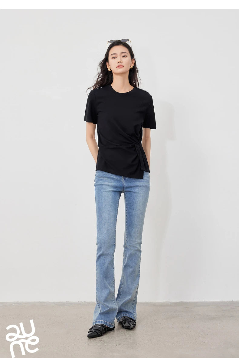 TOYOUTH Women Crop Tops 2024 Spring New Pleated Tie Irregular Solid Color Short Sleeve Women's Basic Tops