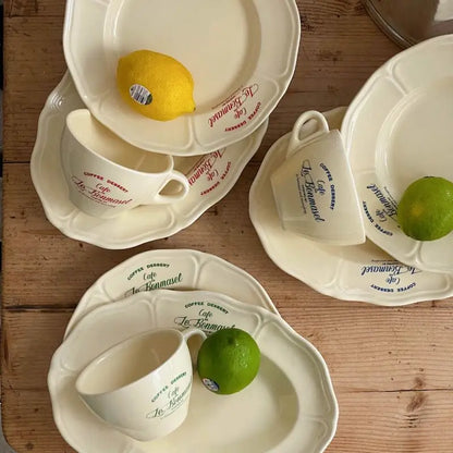 Vintage Cream Ceramic Coffee Cup & Plate Set