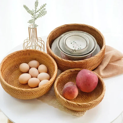 Round Handwoven Rattan Basket – Wicker Fruit, Bread & Storage Organizer