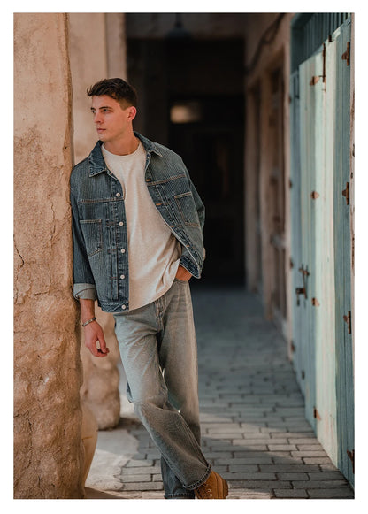 Men's Striped Denim Chore Jacket – Short Length, Oversized Utility