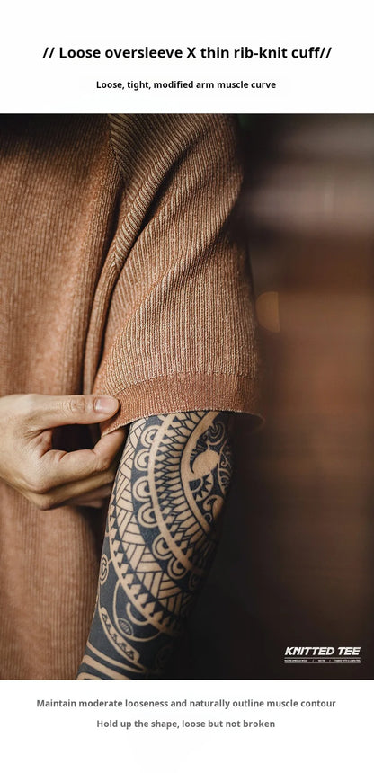 Maden New Vintage Orange Knitted Short Sleeve T-Shirt Men's Summer Loose Fit Ribbed Crew Neck Tee Breathable Casual Street Tops