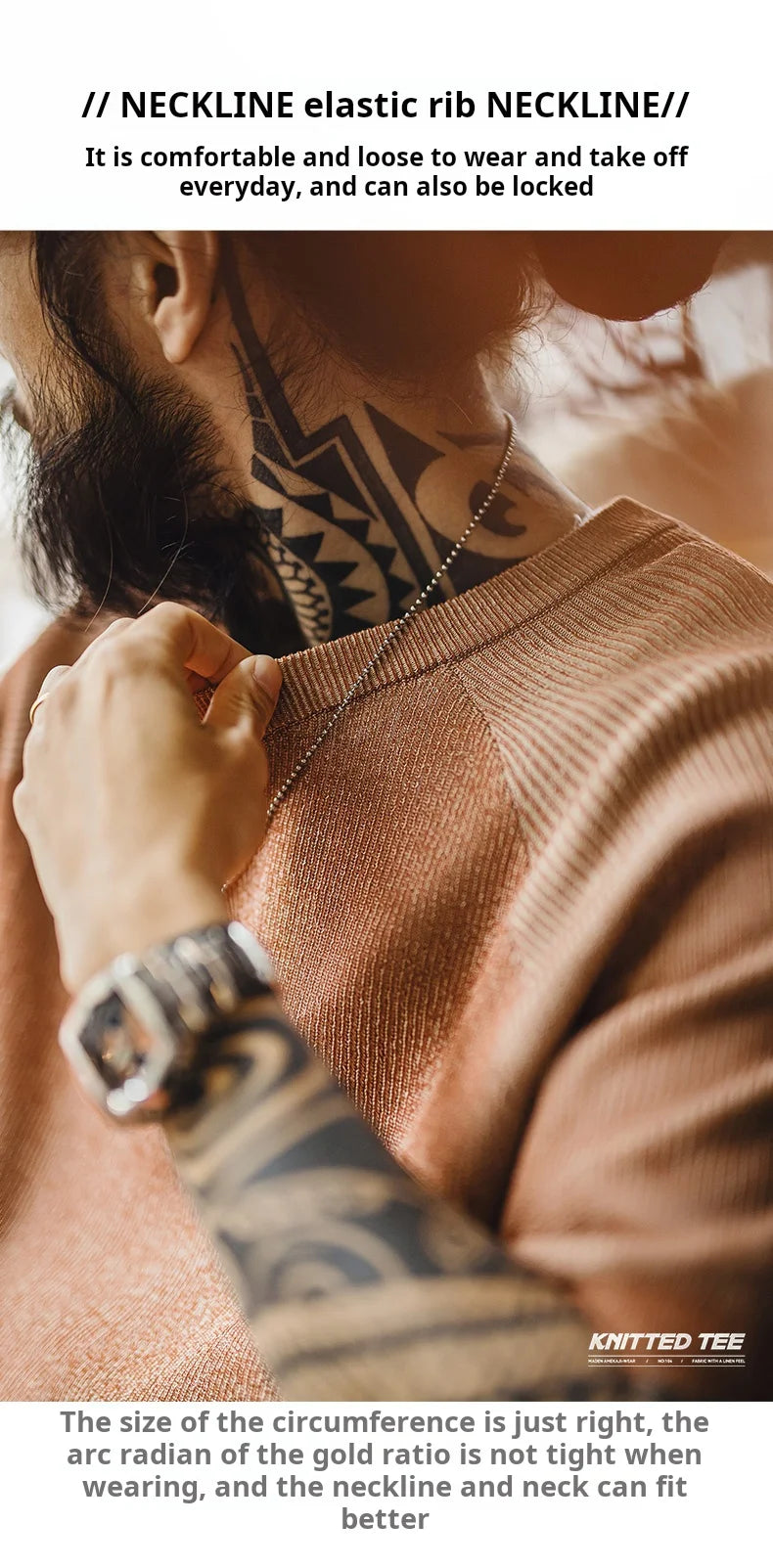 Maden New Vintage Orange Knitted Short Sleeve T-Shirt Men's Summer Loose Fit Ribbed Crew Neck Tee Breathable Casual Street Tops