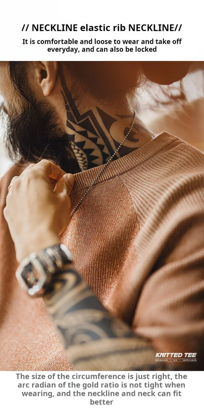 Maden New Vintage Orange Knitted Short Sleeve T-Shirt Men's Summer Loose Fit Ribbed Crew Neck Tee Breathable Casual Street Tops