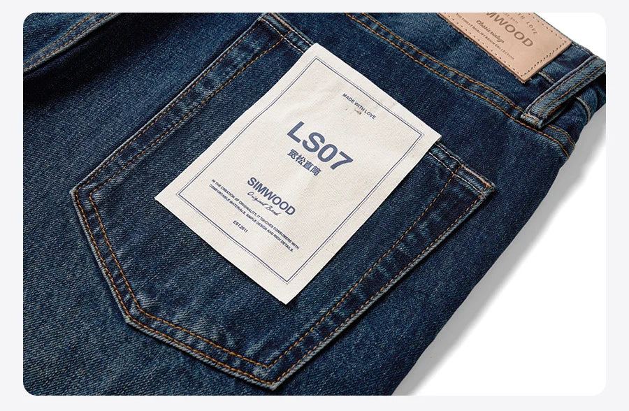 SIMWOOD 2025 Spring New loose Straight 13.5oz Fabric Washed Vintage Jeans Men Classical Plus Size Denim Trousers