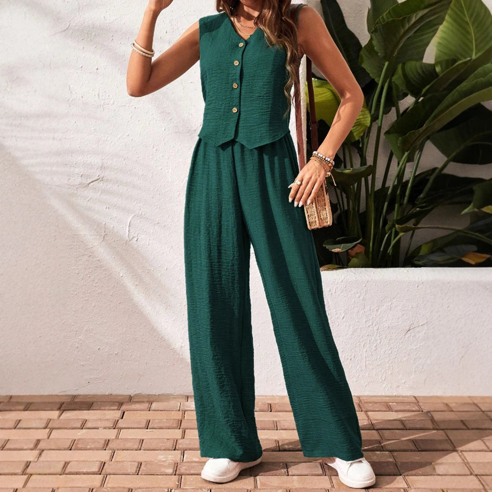 Women's Sleeveless V-Neck Daily Set – Casual Straight-Cut Co-ord for Spring/Summer