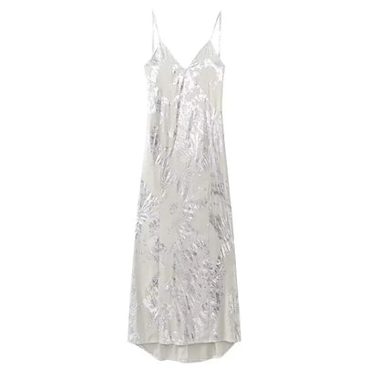 Women's Metallic Sequin Dress – Elegant A-Line Partywear with Spaghetti Straps