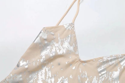 Women's Metallic Sequin Dress – Elegant A-Line Partywear with Spaghetti Straps