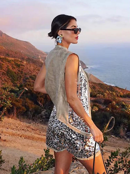 Women's Glitter Sequin Open Vest – Tailored Sparkle for Autumn Nights