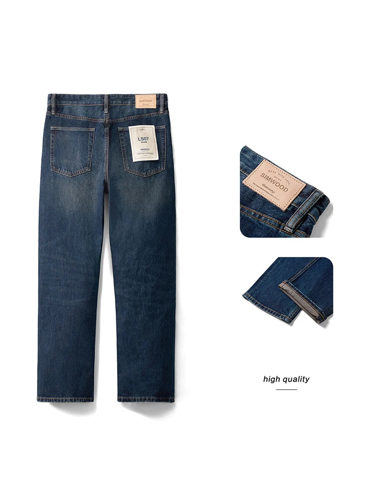 SIMWOOD 2025 Spring New loose Straight 13.5oz Fabric Washed Vintage Jeans Men Classical Plus Size Denim Trousers