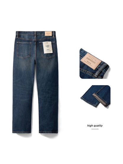 SIMWOOD 2025 Spring New loose Straight 13.5oz Fabric Washed Vintage Jeans Men Classical Plus Size Denim Trousers