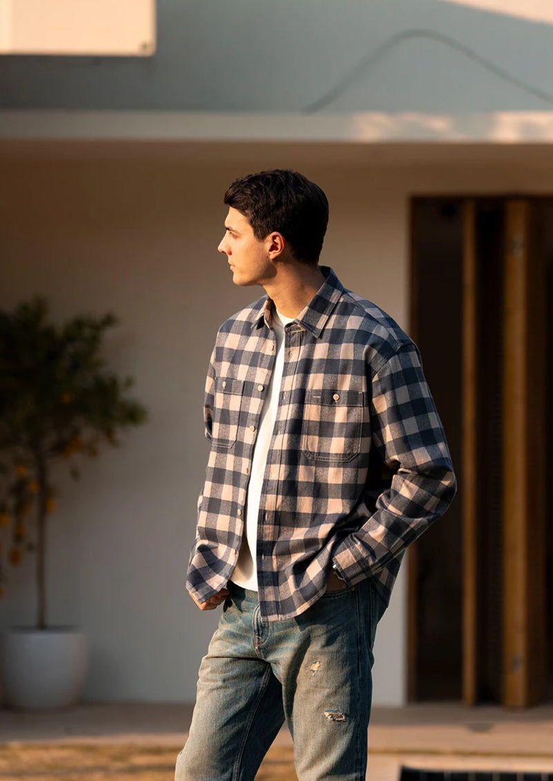Men's Super Loose Plaid Shirt – 8oz Washed Fabric, Easy Vintage Style